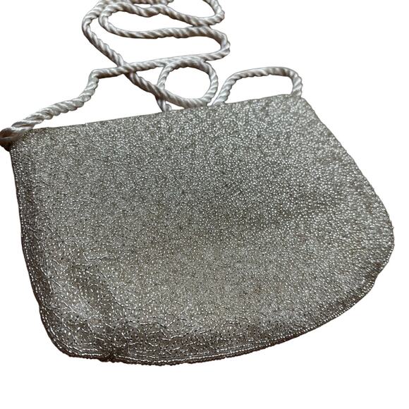 Vintage 1980’s beaded evening bag wedding brides purse white satin silver gold - Picture 4 of 10